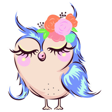 Owl with closed eyes with happiness. Cartoon cute postcard sleeping owl girl with blue hair and flowers. Can be used for children's book, album, animation, logo, t-shirt printing. Isolated vector