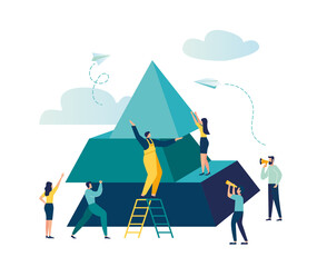 people connect the elements of the pyramid, vector illustration flat design style, symbol of teamwork, cooperation, partnership, advancement, pyramid puzzle