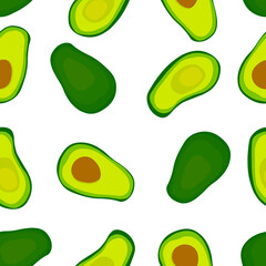 Seamless pattern with avocado. Whole and cut avocado. Vegetarian menu. Perfect design for menu, kitchen, print. Vector doodle illustration.