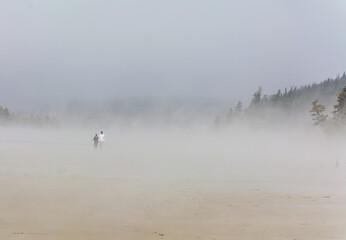 Fototapeta na wymiar morning walk on foggy beach