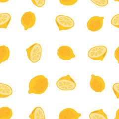 Seamless pattern with Fresh lemons fruits. Yellow fruits on a white background. A whole lemon. Ripe citrus. Doodle Minimal style. Vector stock illustration.
