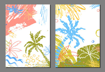 Set of exotic tropical  landscapes with  palms. Vector seascape. Abstract backgrounds. Summer banners, templates, wallpaper, cards, posters. Doodle style. Tourism, travelling. Hand drawn textures