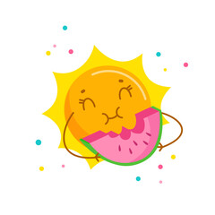Funny Sun Enjoying Eating Watermelon. Cute Cartoon Character Summertime Activity, Kawaii Personage Relaxing on Summer Time Holidays. T-shirt Print Isolated on White Background. Vector Illustration