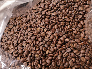 roasted coffee beans in the plastic bag