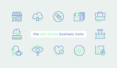 Vector set icons for real estate business in trendy minimal line style. Thin linear commercial estate sign for button UI, mobile app. Contour plan apartment icon. Commercial estate symbols.