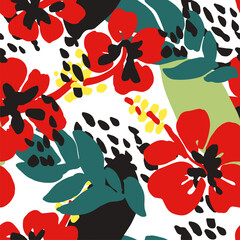 Floral seamless pattern, poppies with green leaves print