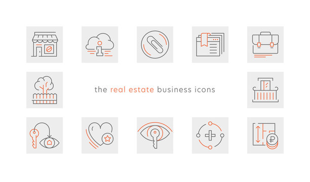 Vector set icons for real estate business in trendy minimal line style. Thin linear real estate sign for button UI, mobile app, website design. Contour plan apartment icon. Commercial estate symbols.