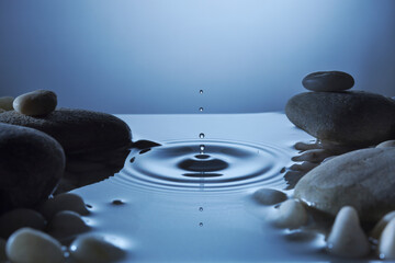 Perfect water drop in a pond with ripples. Blue tones to reflect puddle in night time surrounded by...