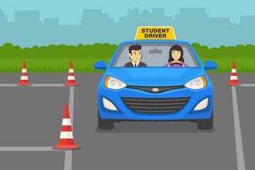 Driving lesson. Instructor sitting in a car next to a female student driver. Flat vector illustration.