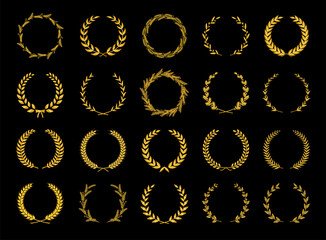 Collection of different golden silhouette circular laurel foliate, olive, wheat and oak wreaths depicting an award, achievement, heraldry, nobility. Vector illustration.