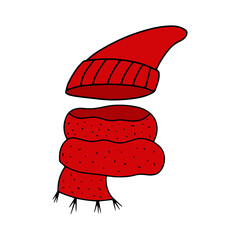 Doodle autumn or winter scarf and cap icon isolated on white. Kids hand drawing line art. Sketch plaid. Vector stock illustration. EPS 10