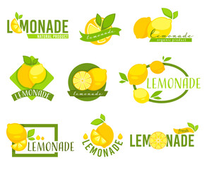 Lemonade labels with citrus fruits, lemons emblems set