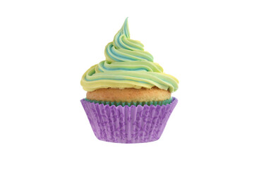 isolated easter frosted swirl cupcake in purple paper cup