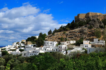 Lindos, Rhodes island; Cute residential area with famous castle and narrow streets. Greece