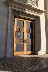 The main entrance doors of the Meskhishvili Theatre building in the old part of Kutaisi in Georgia