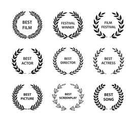 Film Awards. Set of black and white silhouette award wreath. Vector illustration.