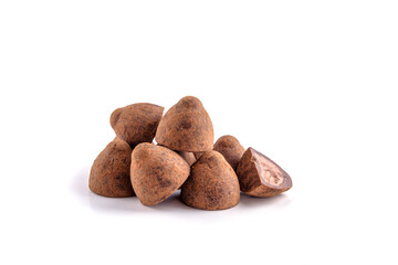 chocolate truffles close-up horizontal view, white isolated background
