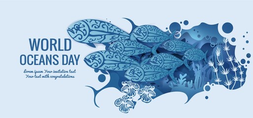 Text - world ocean day. Fish shoal template for making a postcard. Vector image for laser cutting and plotter printing. Fauna with marine animals