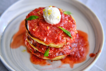 Homemade Pancake with Ricotta Cheese and Strawberry Sauce