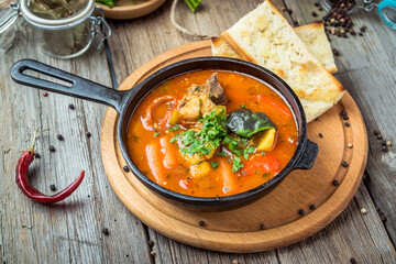 Hungarian soup goulash bograch with dumplings.