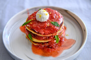 Homemade Pancake with Ricotta Cheese and Strawberry Sauce