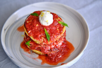 Homemade Pancake with Ricotta Cheese and Strawberry Sauce