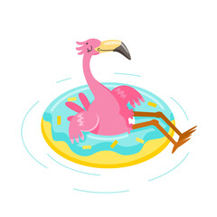 Cute Pink Flamingo Float Inflatable Ring Isolated on White Background. Cartoon Character Summer Vacation. Kawaii Bird Summertime Activity and Resort Spare Time, T-shirt Print. Vector Illustration