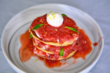 Homemade Pancake with Ricotta Cheese and Strawberry Sauce