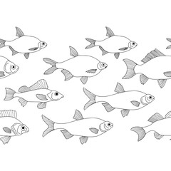 Doodle fish seamless border isolated on white. Seafood hand drawing art line. Coloring page book. Vector stock illustration. EPS 10