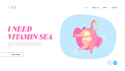 Hotel Relax in Swimming Pool, Ocean or Sea Landing Page Template. Relaxed Female Character Enjoying Summer Floating on Inflatable Flamingo Mattress Take Sun Bath on Resort. Cartoon Vector Illustration