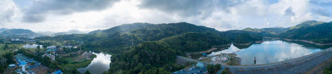 Panorama landscape Aerial view drone shot of scenery mountain range tropical rainforest in thailand.