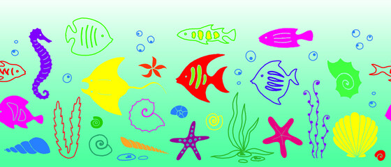 Naklejka na ściany i meble Hand drawn sea life seamless border. Vector illustration.