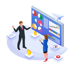 Man explain about financial service infographic. Isometric business marketing strategy illustration. Vector