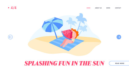Summertime Resort Vacation, Summer Leisure, Outdoor Activity Landing Page Template. Female Character Sitting on Mat at Sandy Beach under Umbrella Eating Sweet Watermelon. Cartoon Vector Illustration