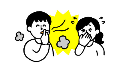 タバコを吸う私服男性と煙たがる私服女性（シンプル）