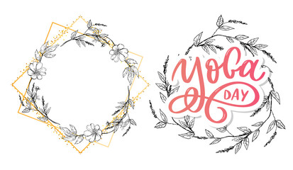 Lettering Yoga. Vector background International Yoga Day. Vector design for poster, T-shirts, bags. Yoga typography. Vector elements for labels, logos, icons, badges.
