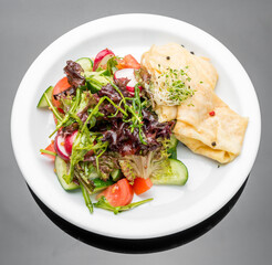 Savoury Buckwheat Pancakes with Cherry Tomatoes, Rocket Salad, Spinach, Parma Ham,