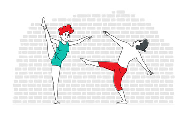 Young People Dancing. Couple Man and Woman Characters in Sports Clothing Perform Acrobatics or Ballet Moving Elements Move Body to Music Rhythm. Hobby, Leisure or Sparetime. Linear Vector Illustration