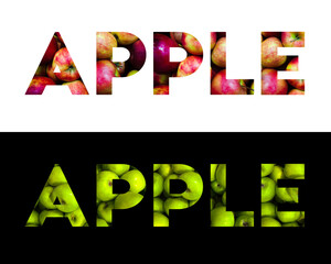 The inscription APPLE with fresh green apples inside the letters. Abstract apple symbol, isolated on white, isolated on black, green apples, red apples.