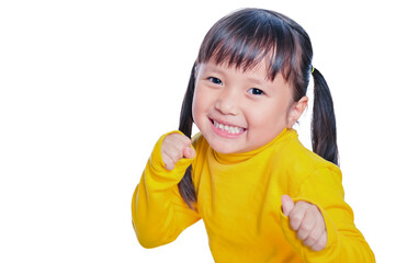 Asian smiling little girl joy positive emotions and happy childhood concept on white background