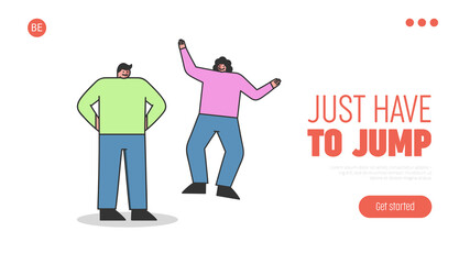 Happy people jumping. Emotional and cheerful man and woman on background for landing page