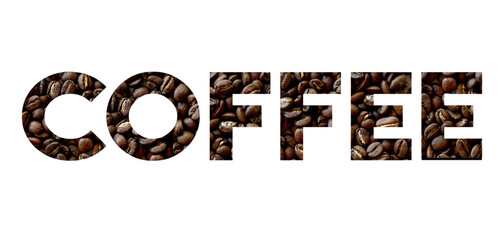 The inscription COFFEE with coffee beans inside the letters. Abstract coffee symbol isolated on white background.
