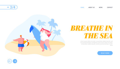 Characters Holidays Recreation Landing Page Template. Mother with Surf Board and Boy with Ball Stand on Sandy Beach at Exotic Tropical Resort during Summer Vacation. Cartoon People Vector Illustration