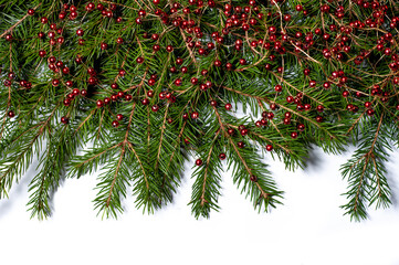 Spruce branches with red Christmas decorations isolated on white background. Design template for New Year and Christmas.