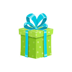 Birthday present or surprise party gift box isolated vector illustration. Cartoon cube giftbox with green wrapping paper, blue ribbon and cute bow. Christmas gift package or anniversary box design