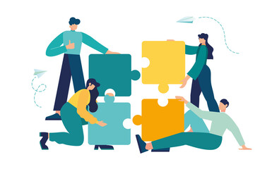 Plakat Business concept. Team metaphor. people connecting puzzle elements. Vector illustration flat design style. Symbol of teamwork, cooperation, partnership.