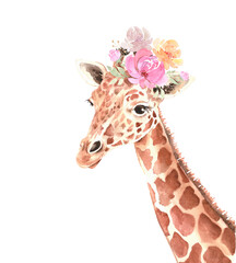 cute giraffe with a bouquet of flowers on his head, watercolor illustration © Lana
