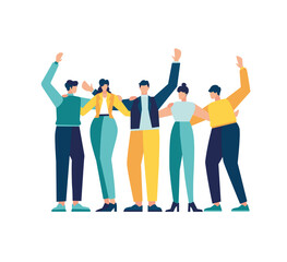 Fototapeta premium Vector illustration, happy friendship day with a diverse group of friends of people hugging together to celebrate a special event.