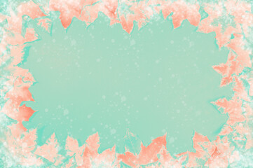 Frame of coral maple leaves on neo mint backdrop. Toned image. Creative greeting card or invitation. Autumn background, fall concept. Top view, copy space.