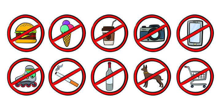 Set of colored signs for various prohibited activities. Signs do not eat, do not smoke, do not drink, do not photograph, no dogs, no walk and others isolated on white background